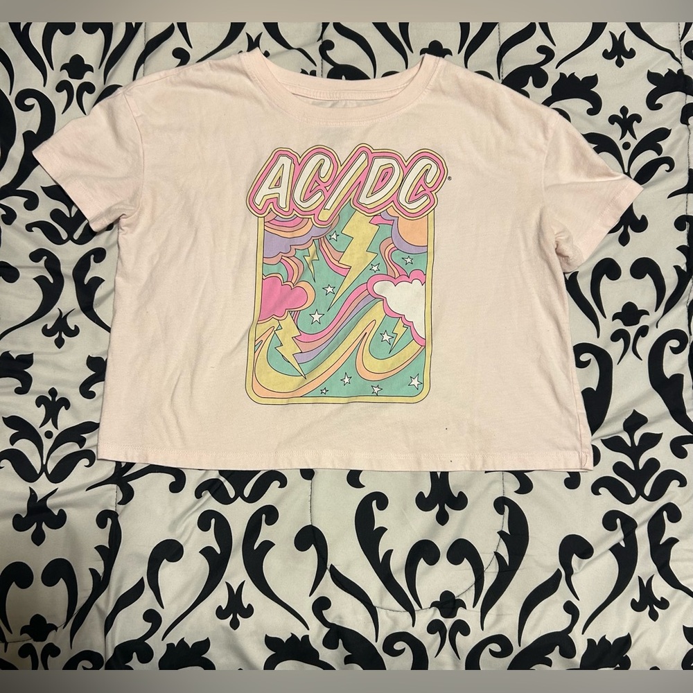 AC/DC Kids crop Tee Light Pink w/ Colorful Graphic-size xs